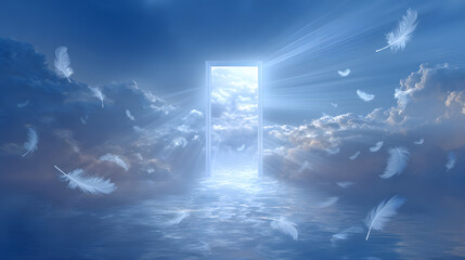 Heavenly Doorway in Sky with Feathers and Clouds