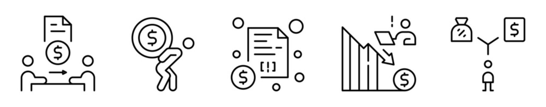 Conjunto de iconos de deudas y pr&eacute;stamos. Situaciones financieras. Acuerdo, carga econ&oacute;mica, documento de deuda, perdida de inversi&oacute;n y decisi&oacute;n financiera
