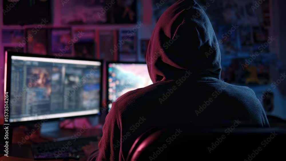 Poster in an obscured workspace a hooded hacker engrosses themselves in digital warfare orchestrating sophi