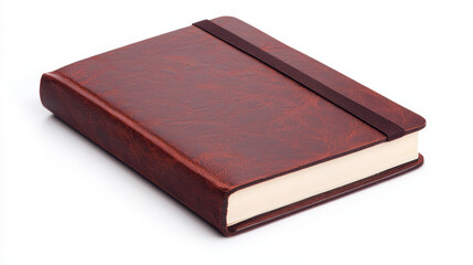 Obraz premium A closed, brown leather-bound notebook with an elastic band, lying on a white background.