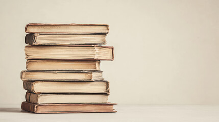 A stack of old, worn hardcover books with yellowed pages set against a plain background.