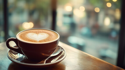 Cappuccino cup with heart shaped latte design served on ceramic saucer with spoon warm diffused lighting artistic texture of coffee foam