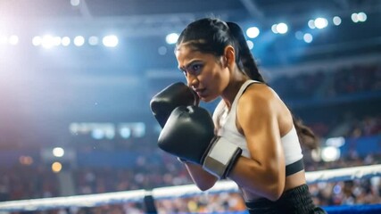 Focused Female Boxer Delivering Powerful Punch in Arena, Showcasing Strength and Determination - Powered by Adobe
