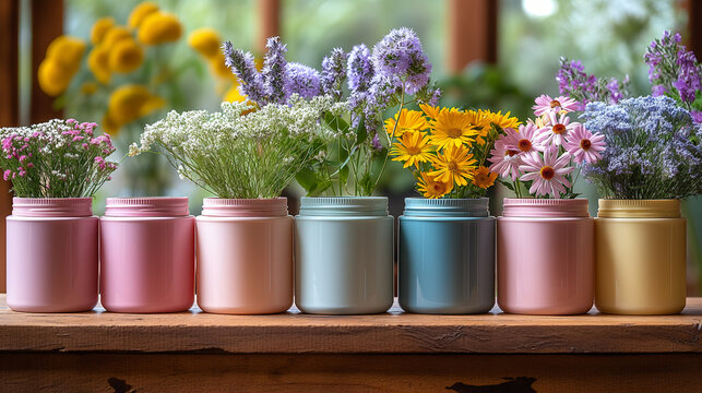 Vibrant pastel flower pots with blooming wildflowers on wooden windowsill – Ideal for spring decor, gardening themes, or lifestyle content
