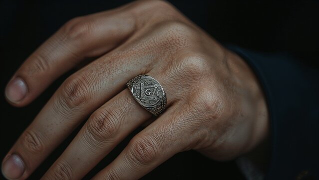 Closeup of intricate silver masonic ring