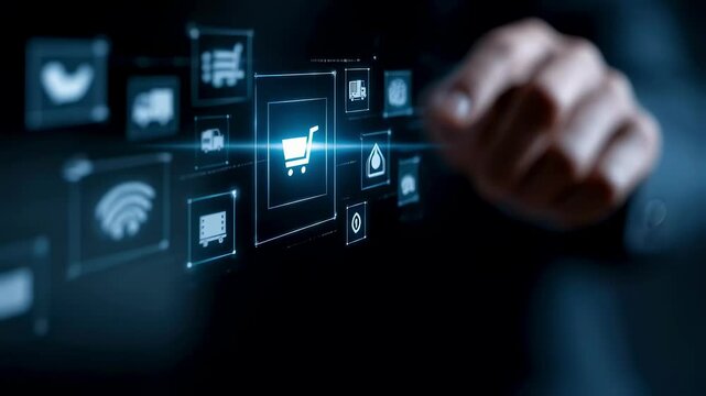 A visually striking ecommerce interface featuring biometric authentication personalized shopping journeys and global shipping options symbolizing the next generation of online purchasing