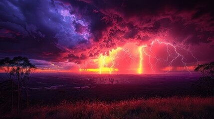 Vivid sunset storm over land with lightning strikes and fiery clouds