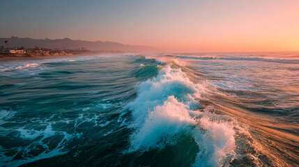 Waves crash at sunset, perfect for travel ads, web design, and inspirational content. Teal ocean meets peach sky.