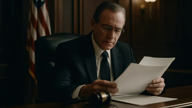 The Judge's Vigil: A distinguished judge, seated within a grand courtroom, immerses himself in important documents, symbolizing the dedication and weight of legal responsibilities. 
