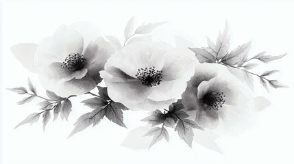 Botanical Illustration, Pen And Ink, Traditional, Elegant Black and White Floral Arrangement with Soft Petals and Leaves