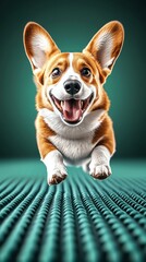 Dog Portrait Action Detail, Happy Corgi Dog Running on Texture Background with Delightful Expression