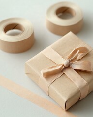 Eco-friendly Products, Plastic-free, Consumer, Elegant Gift Box with Soft Ribbons and Rolls of Tape on Surface