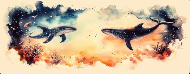 Watercolor Fantasy Dreamscape Landscape, Majestic Whales Swimming in Ethereal Ocean with Colorful Background