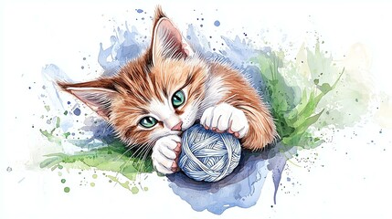 Watercolor Kitty Cat, Playful Feline, Art Print, Playful Kitten with Yarn Ball in Watercolor Style Art