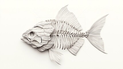 Isolated Fossils Layers, Intricate Paper Craft Representation of Fish Skeleton on White Background