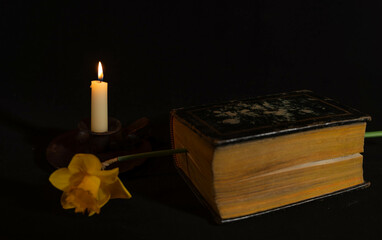 A dark still life features an antique book, a lit candle, and a yellow daffodil, evoking an atmosphere of study, mystery, or candlelit reading.