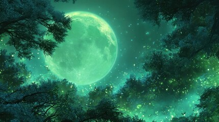 Full moon shines a ethereal green light over a dense and magical forest canopy
