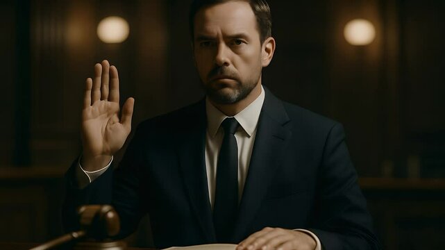 Solemn Oath in Court: In the dimly lit courtroom, a man in a suit takes a solemn oath, with his hand raised, conveying a serious atmosphere of legal proceedings, justice, and accountability.