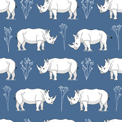 Seamless Ngorongoro Rhino Pattern - Minimalist African Flora & Wildlife - Rich Blue Hand-Drawn Line Art - Textile Design