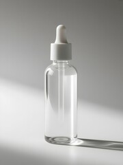 A clear glass bottle with a white dropper top sitting on a white surface with soft lighting and shadows
