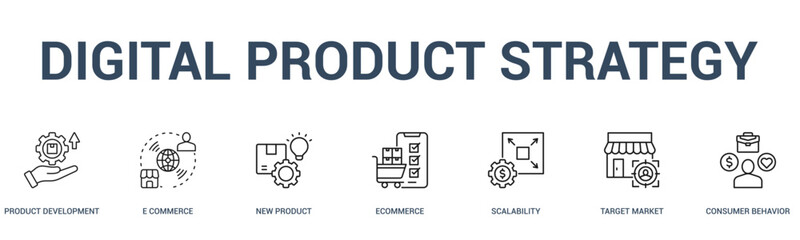 DIGITAL PRODUCT STRATEGY banner web icon vector illustration concept for business with icon of product development, e commerce, new product, ecommerce, scalability, target market, consumer .