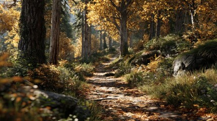 Obraz premium Autumnal Forest Path: Sunlit Trail Through Golden Leaves and Ancient Trees