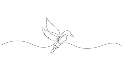 Continuous one line drawing of a flying hummingbird. Minimalist colibri bird vector illustration. Hand-drawn linear animal art. Editable outline. Isolated on white.
