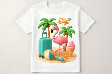 Tropical T-Shirt Design: An artistic design featuring a whimsical flamingo, palm tree, luggage, airplane, and beach ball, rendered in 3D style, adorning a classic tee.