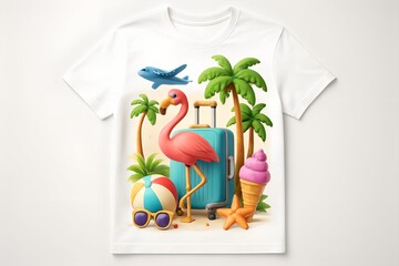 T-Shirt with Summer Theme: A vibrant summer-themed design on a crisp t-shirt featuring a flamingo, palm trees, luggage, ice cream cone, beach ball, airplane, and sunglasses.