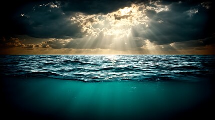 Obraz premium Ocean split, dramatic sky, sunlight beams