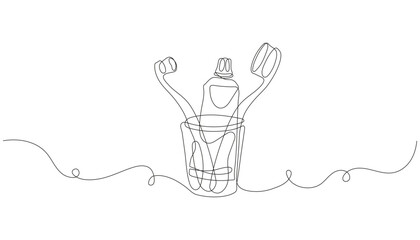 Glass with toothbrush and toothpaste in one continuous line drawing. Minimalist oral hygiene vector, hand-drawn silhouette. Dental care, line art illustration.