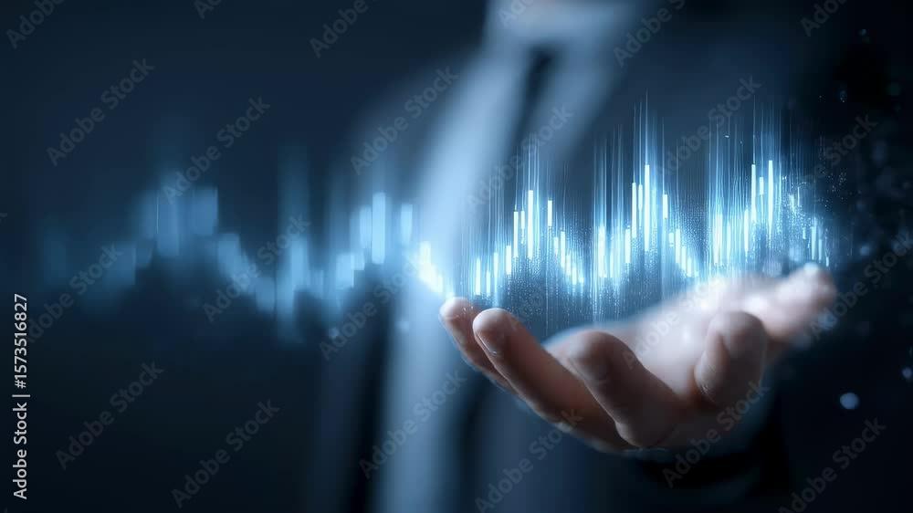 Poster dynamic scene of a glowing blue holographic chart floating above a business professionals palm illus