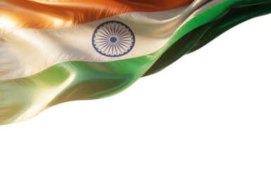 A flowing patriotic banner showcasing the vibrant Indian national flag with the Ashoka Chakra, captured in a dynamic render with ample copy space