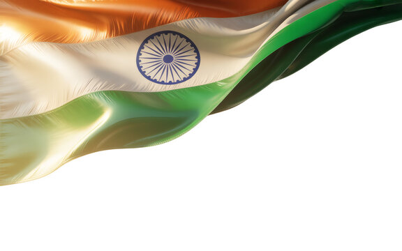 A flowing patriotic banner showcasing the vibrant Indian national flag with the Ashoka Chakra, captured in a dynamic render with ample copy space