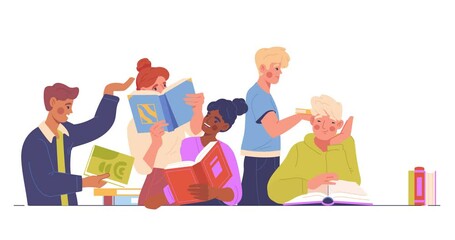 People exchange books. Moving banner with men and women reading and recommending their favorite literary works. Bookcrossing concept. Love of literature. Flat graphic animated cartoon