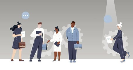 Hiring and recruiting employees. Male and female candidates standing together and waiting for interview results. Moving banner with HR manager choosing best option. Flat graphic animated cartoon