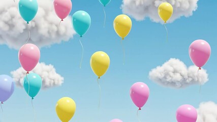 Colorful balloons floating in blue sky among fluffy clouds - Powered by Adobe