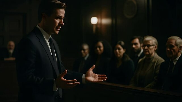Advocate's Plea in Courtroom: A poised legal representative passionately advocates for justice, addressing the attentive jury with conviction and expertise.