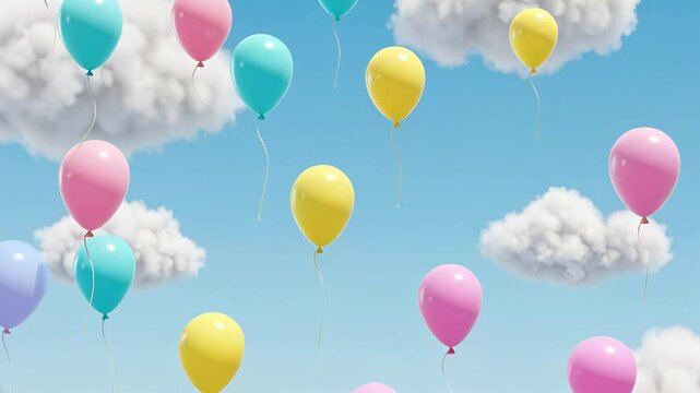 Colorful balloons floating in blue sky among fluffy clouds  