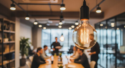 A business meeting unfolds in a modern, well-lit office space, the focus softly drawn to a hanging lightbulb.