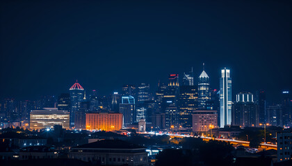 Nighttime city skyline with glowing windows and streetlights, capturing urban vibrancy.