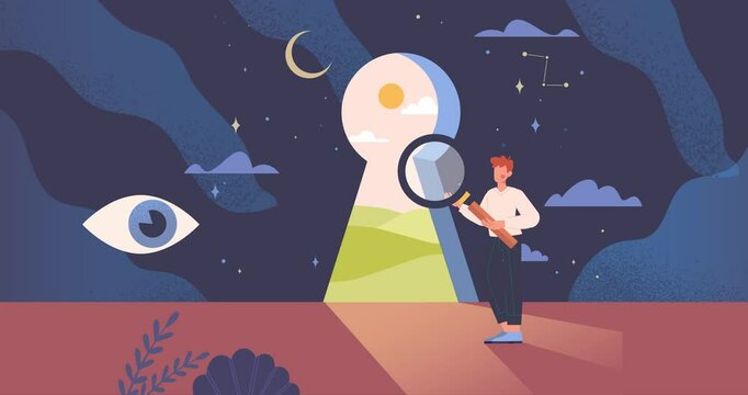 Self discovery and cognitive search. Moving banner with character holding magnifying glass and standing curiously in front of keyhole. Search for inner individuality. Flat graphic animated cartoon