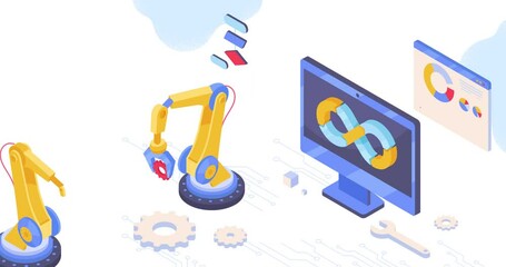 Development operations. Moving banner with monitor screen next to automatic robotic hands. Programming, coding and software optimization. Modern technologies. Isometric 3D graphic animated cartoon