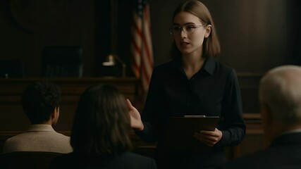 Legal Discourse: A composed figure, holding a notepad, addresses an attentive courtroom, the flag of the nation lending a solemn backdrop to the unfolding proceedings. 