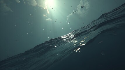 Underwater view of waves crashing, sunlight, and rain