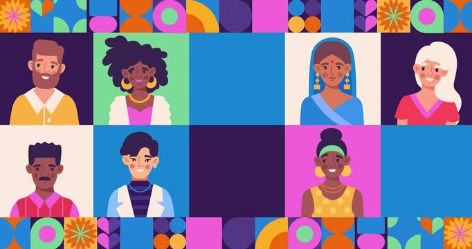 People face avatar set. Moving banner with diverse multicultural men and women. Design element in geometric style for social networks. Group of multiracial characters. Flat graphic animated cartoon