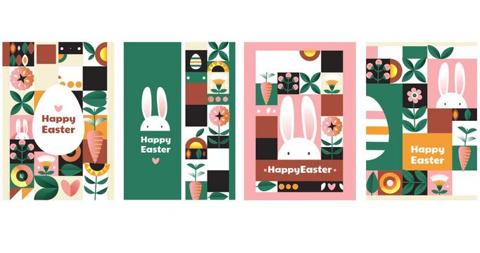Set of easter cards. Moving posters with geometric patterns, eggs, spring flowers, carrots and long eared white rabbit or hare. Easter Bunny Greeting Cards or Flyers. Flat graphic animated cartoon