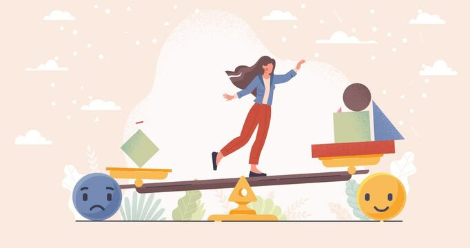 Emotional balance. Moving banner with female character walking on thin beam and balancing between positive and negative emotions. Good feeling choice over bad mood. Flat graphic animated cartoon