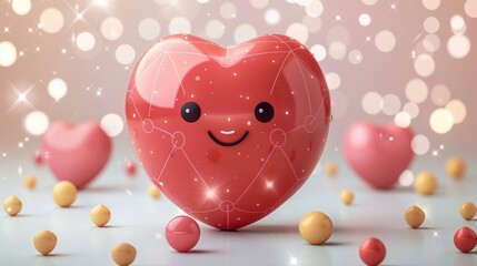 Cheerful heart with facial features and network design surrounded by bokeh lights and small balls