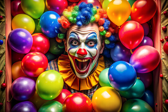 Creepy Carnival Clown Popping Out of a Balloon Fil - Powered by Adobe